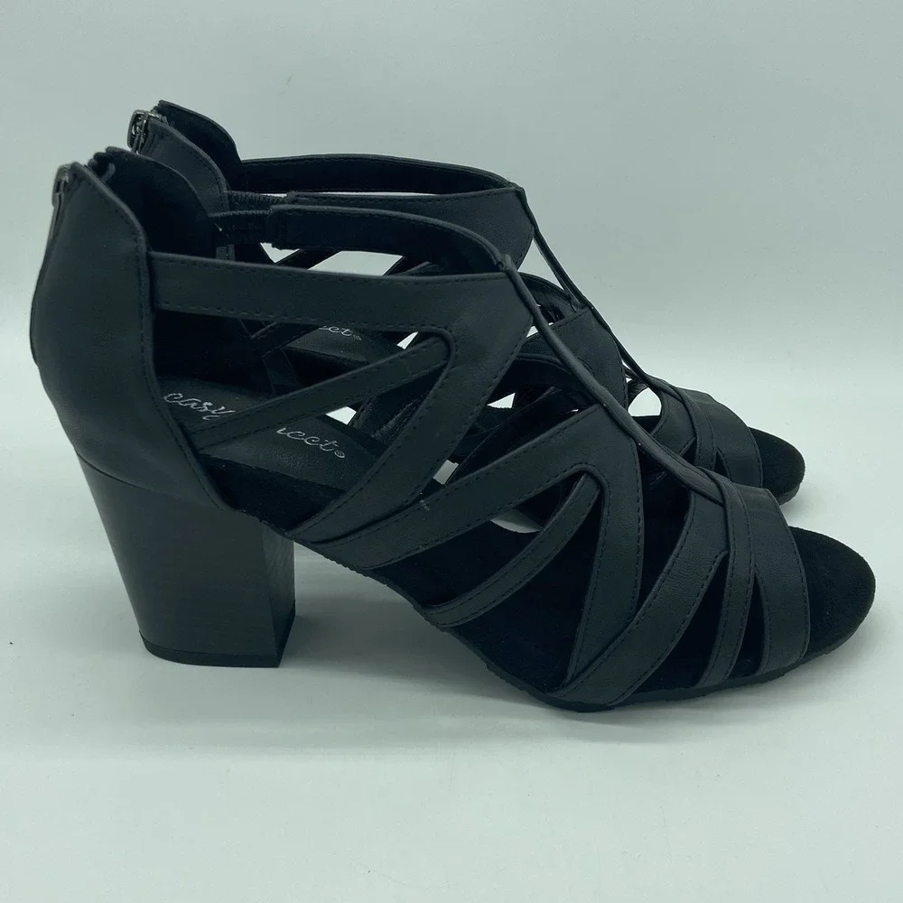 Easy Street Amaze Black Sandals Women's 9M Strappy Minimalist Edgy Block Heels